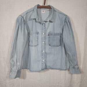 LEVI'S sz XL light was boxy fit button front denim jean shirt puff shoulders